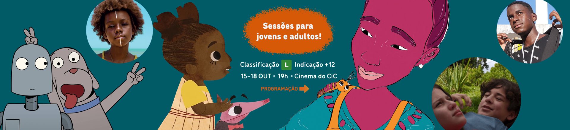 Banner promocional de um evento de cinema. No centro, uma faixa laranja com o texto: 